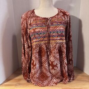 Savanna Jane Bandana Print Embroidered Tunic Top Womens Medium New Long Sleeve